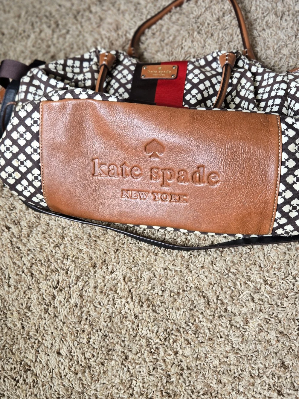 kate spade Brown & Cream Printed Tote with Red Stripe